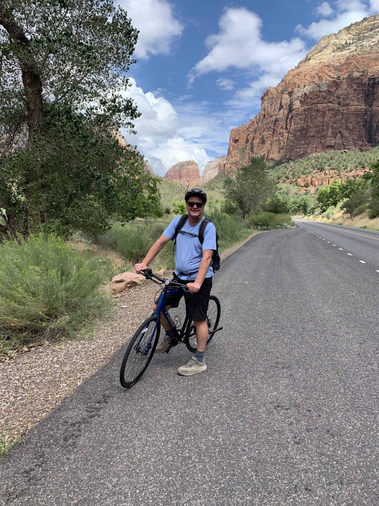 Riding a bike in Zion National Park.