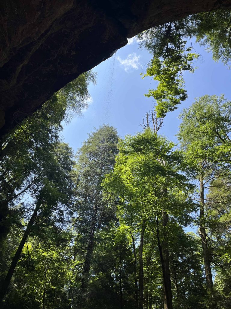 View from under a small waterfall with the sky and trees in background
