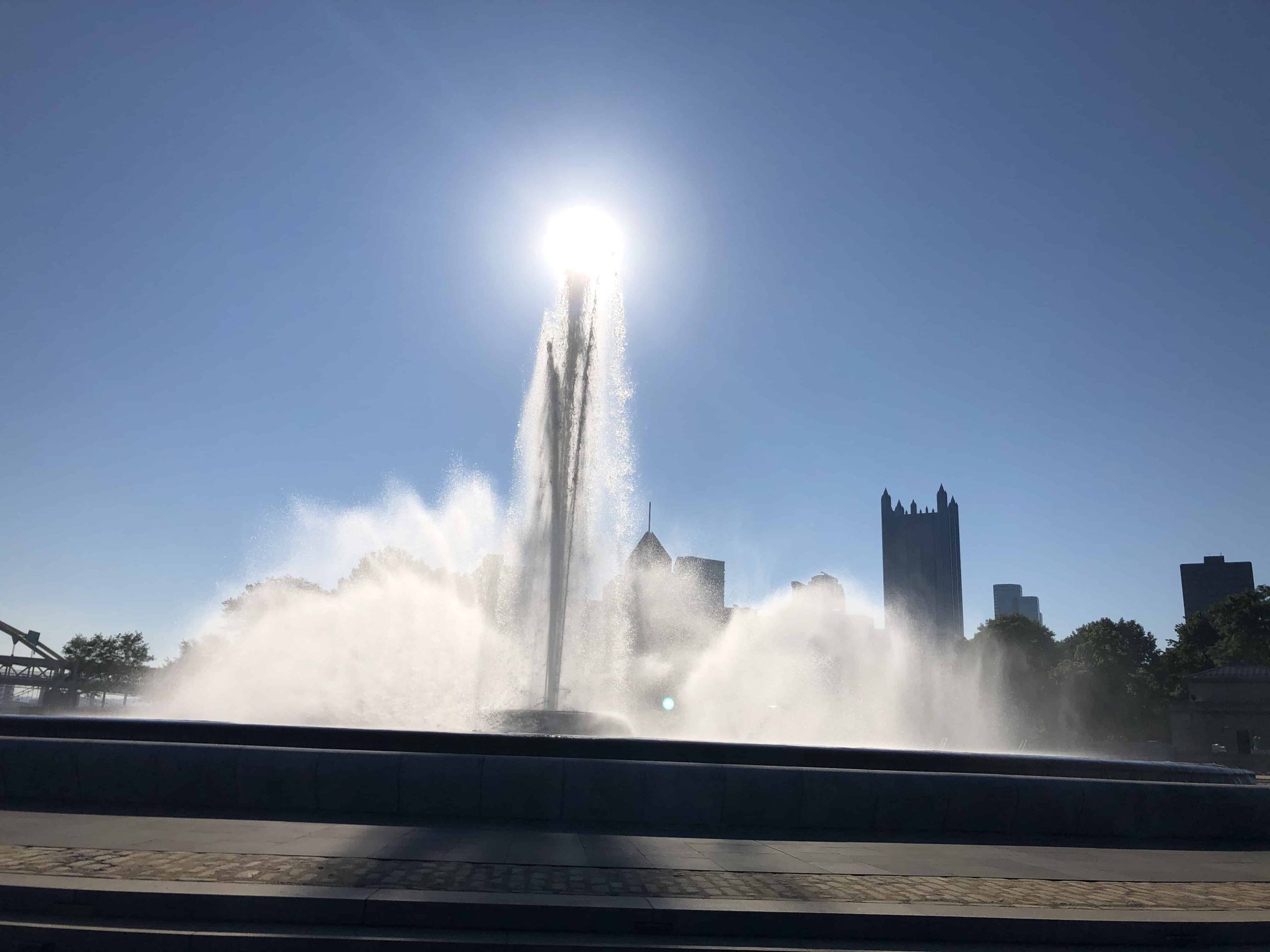 View of the fountain at the point with the city of Pittsburgh in the background