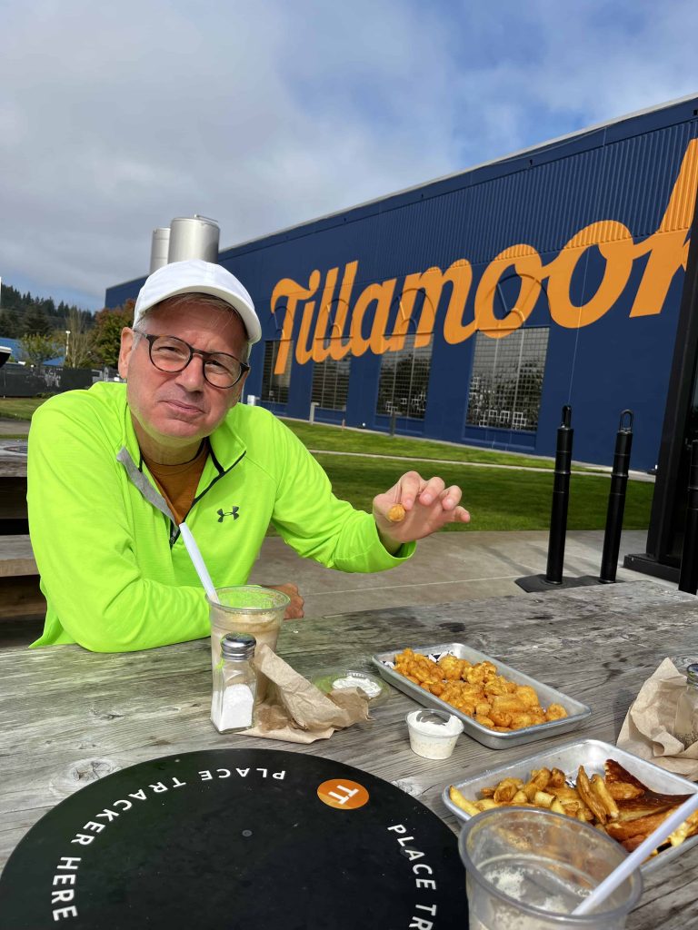 Eating cheese curds at Tillamook Creamery
