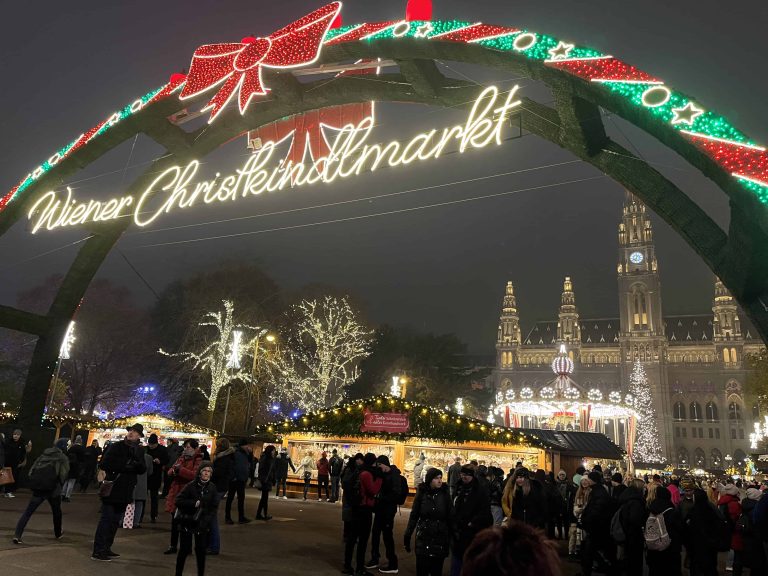 The lights and decorations of the Vienna Rathaus Christmas Market at night