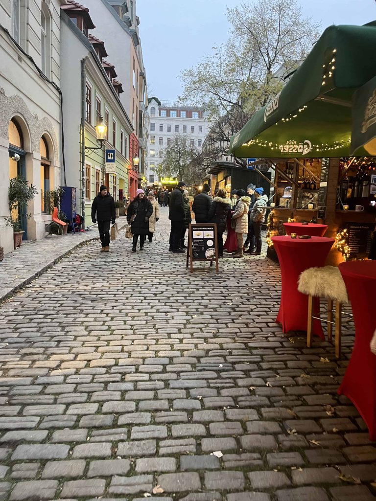 Narrow cobblestone streets of Spittelberg Christmas Market