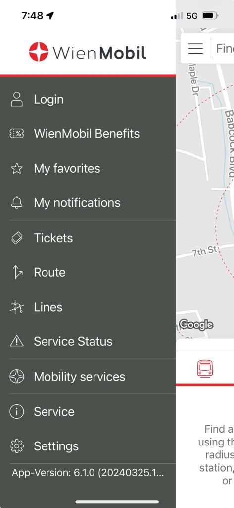 WienMoblie app screen capture for use with the Vienna transport system of subway, trams, buses.